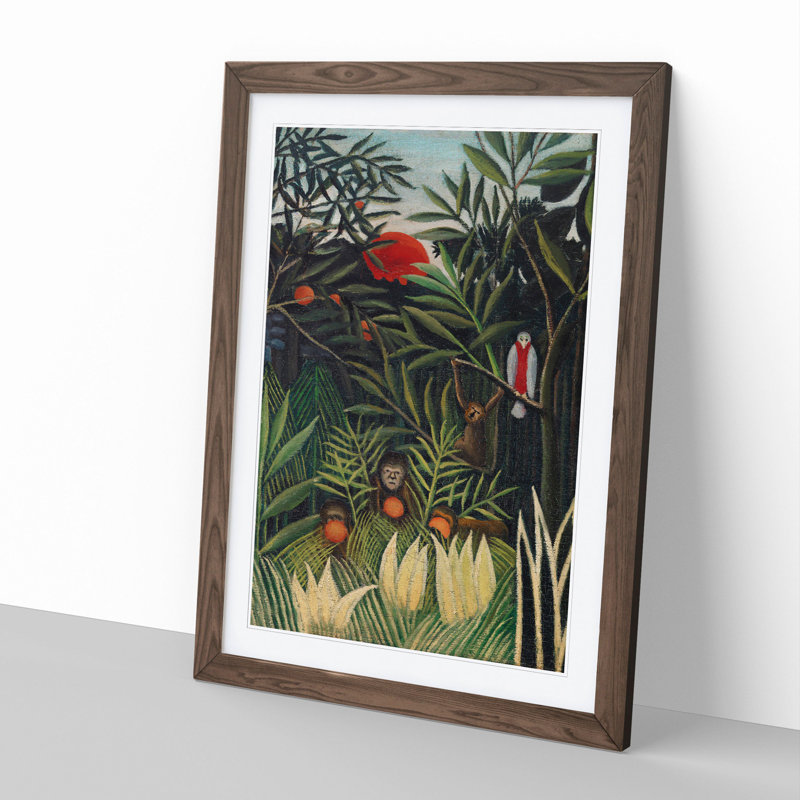 Monkeys and Parrot in the Virgin Forest by Henri Rousseau - Picture Frame Painting, Walnut, 65cm H x 48cm W x 2cm D