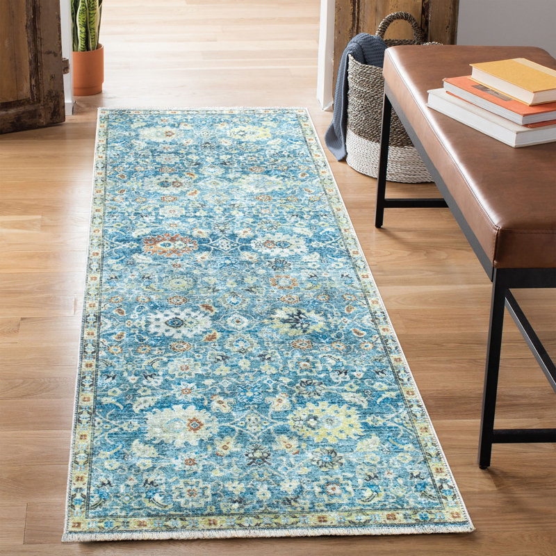 Tapis lavable antidérapant - Tapis oriental traditionnel bleu / beige pour vestibule, couloir, salle de bain et cuisine