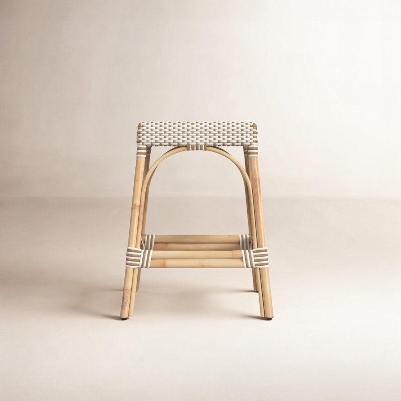 Lennart Counter/Bar Stool, Counter Stool (24.5" Seat Height), Gray/White Stripe/ Natural Rattan Frame