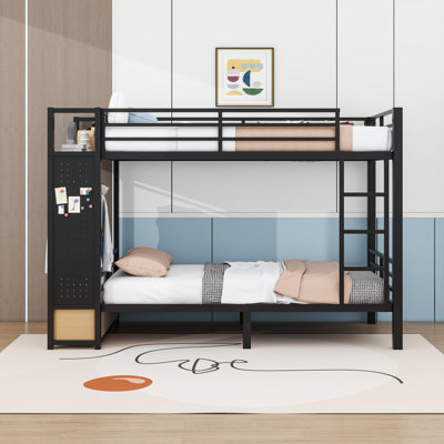 Twin XL over Twin XL Metal Bunk Bed with Drawers, Pegboard and Shelves