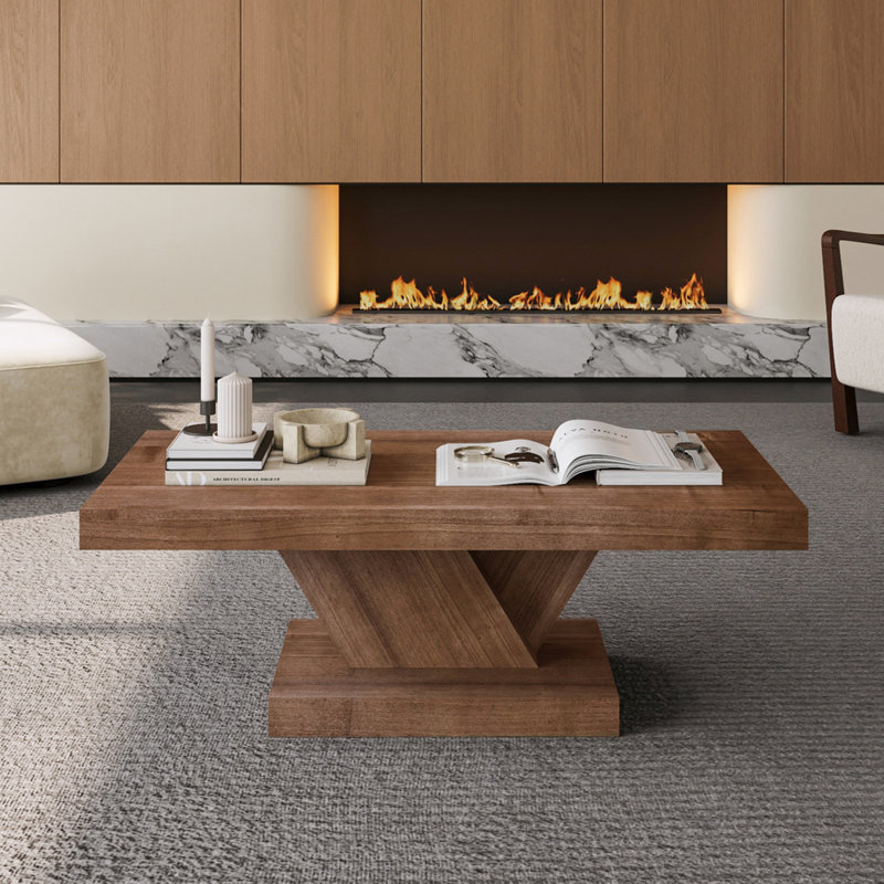 Table basse moderne à pieds croisés de 47 po, conception robuste en forme de X, placage en bois massif, grande table centrale de salon avec amplement d'espace de rangement, noyer