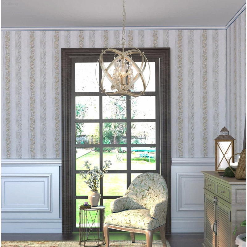 Lustre suspendu moderne à 4 lumières, style ferme, or champagne, avec globes et accents de cristal