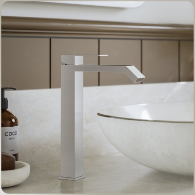 Brushed Nickle Single Hole Above Counter Sink Bathroom Faucet,Single Handle Square Tall Bathroom Vessel Faucet with Waterfall and Pop Up Drain