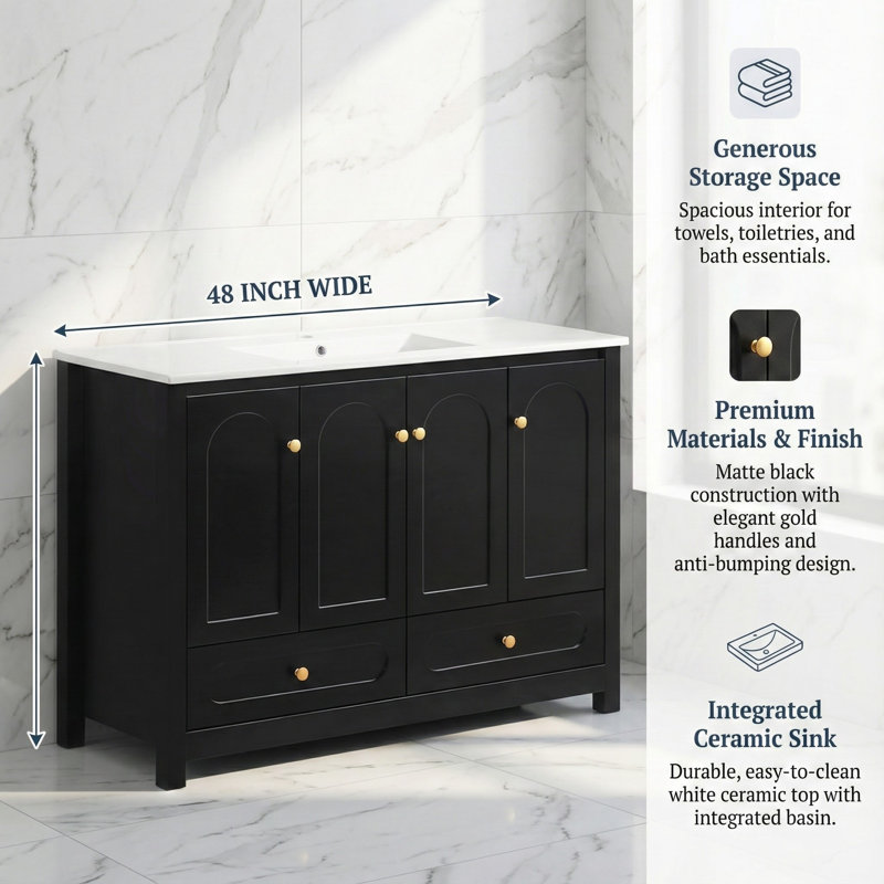 Armoire de salle de bain 48 po, 4 portes d'armoire à fermeture lente et 2 tiroirs (à l'exception du lavabo en céramique), noir