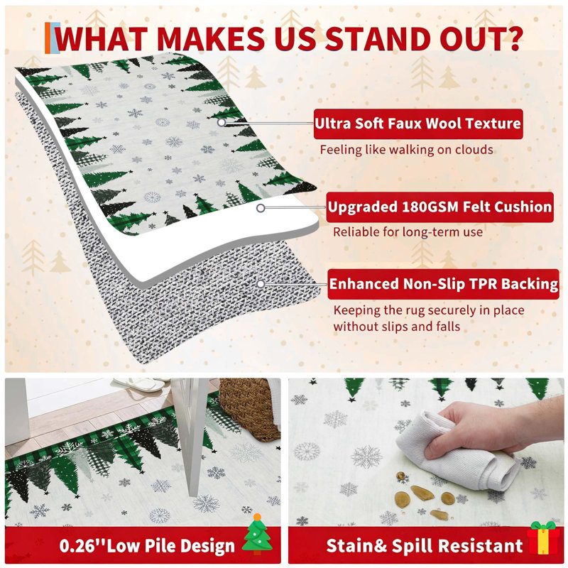 Tapis de Noël flocon de neige et arbre, lavable à la machine, antidérapant, à poils courts, Vert, 8 x 10 pi