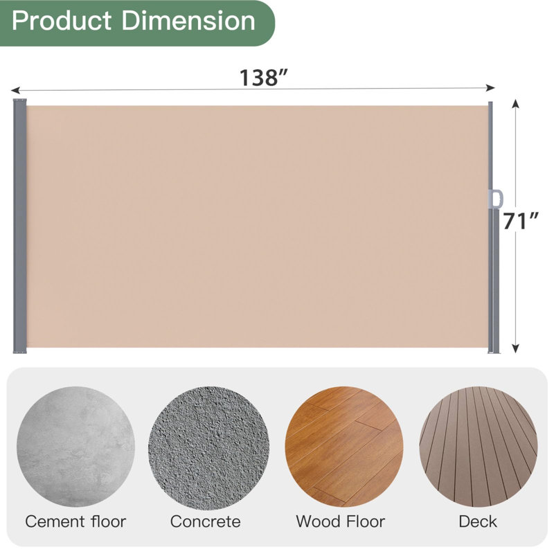 Auvent latéral rétractable en tissu, Beige, H 71 po x l 138 po
