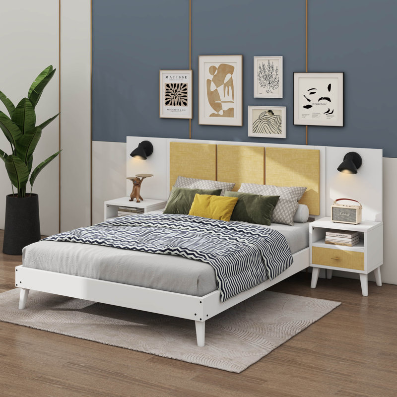 Cherno Wooden Rattan Bed Frame, White