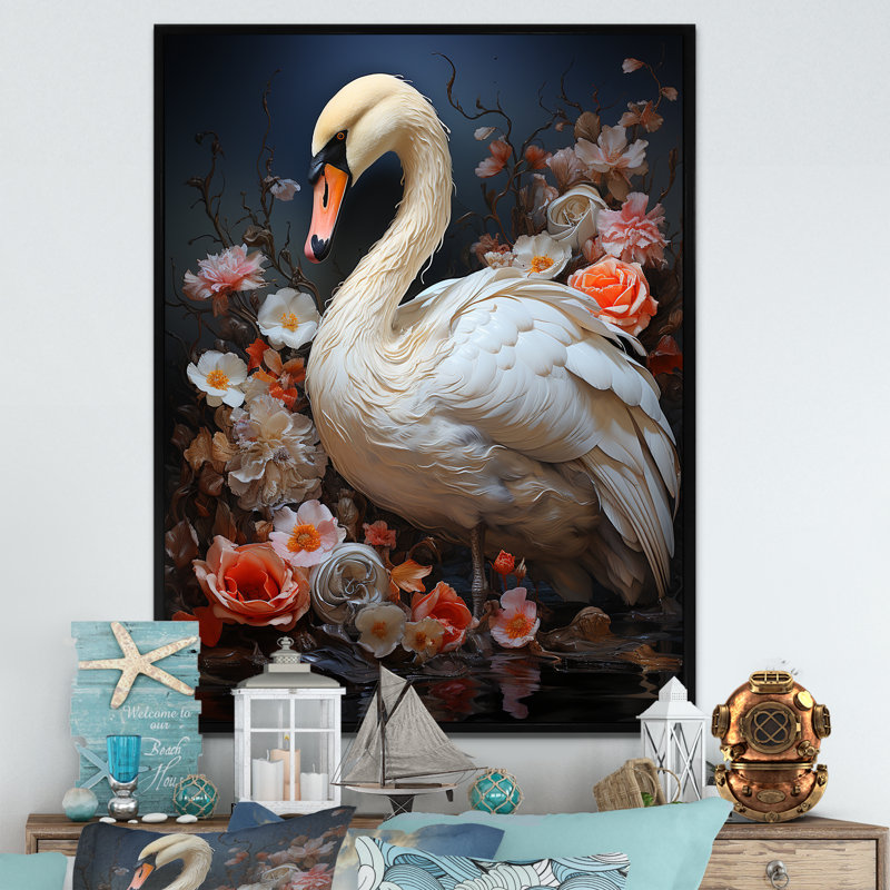 White Blooming Swan Serenade I - Swans Animal Wall Art, Black Floater Framed, 20" H x 12" W