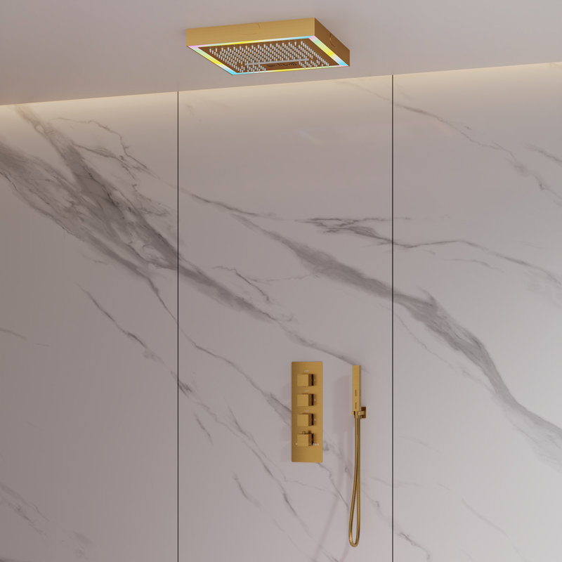 Ceiling Mounted Thermostatic Shower Faucet System, LED Music Rainfall Shower Head  with Handheld Spray, Brushed Gold