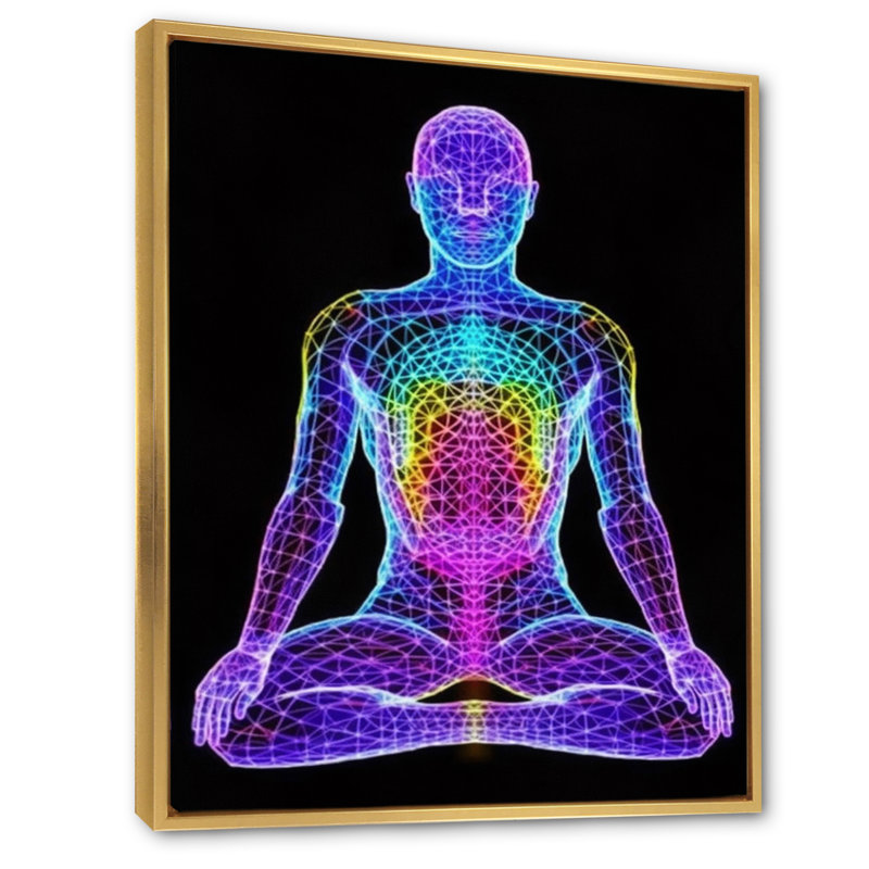 Méditation néon - reproduction sur toile, Cadre flottant doré, H 40 po x l 30 po x P 1,5 po