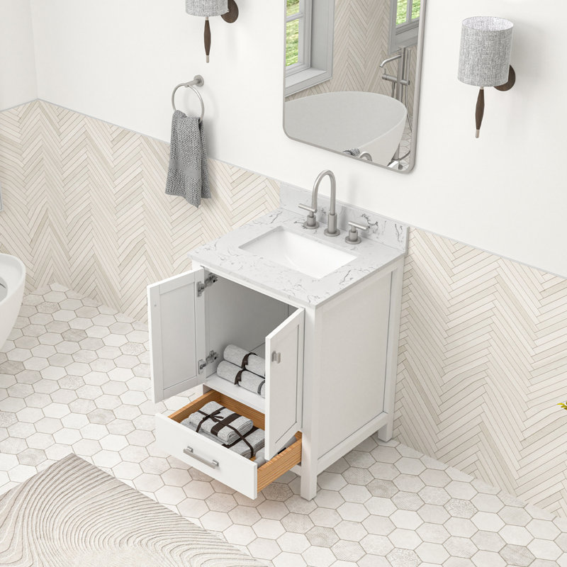 Meuble-lavabo autoportant de 24 po avec comptoir en marbre, White, Nickel brossé