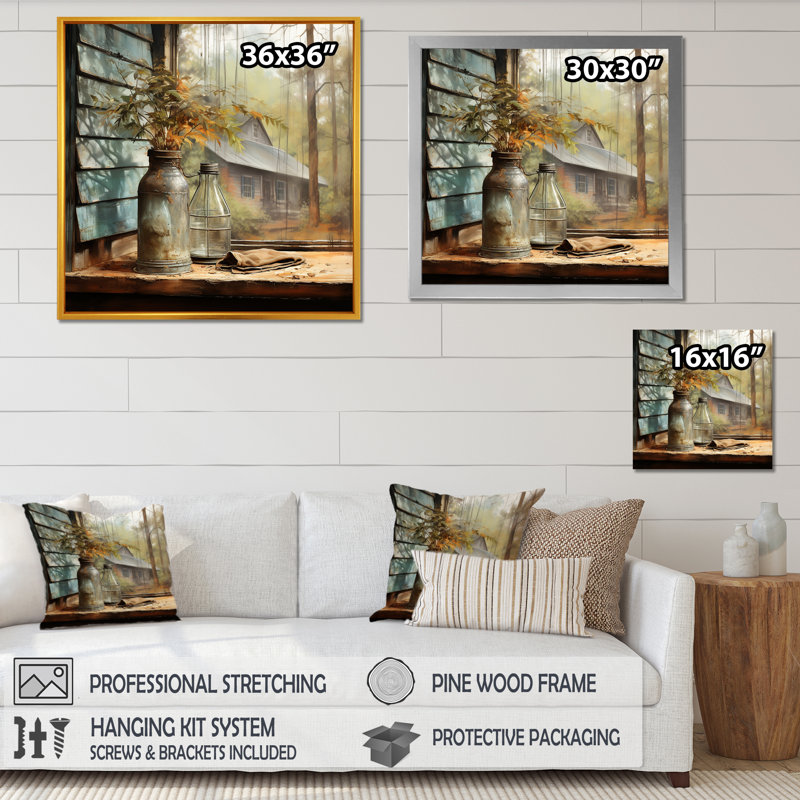 Charme de fenêtre brun brun - Art mural de fenêtres de ferme, Cadre doré simple, H 30 po x l 30 po x P 1,5 po