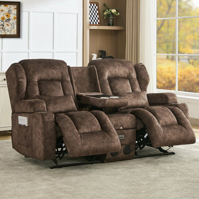 Canapé inclinable 3 places avec console rabattable, porte-gobelets, ports de chargement, tiroir de rangement et haut-parleurs Bluetooth