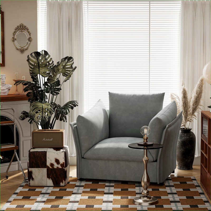Fauteuil d'appoint moderne surdimensionné moderne en chenille, siège rembourré pour espaces de vie intérieurs, gris doux