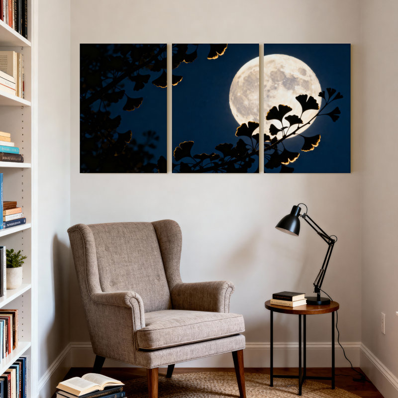 Lune et feuilles de ginkgo, reproduction d'art sur toile, impression de paysage de ciel nocturne (ensemble de 3)
