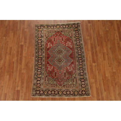 Laine rouge / beige noué à la main unique avant 1900 3 pi 8 po x 5 pi 6 po