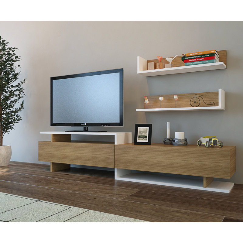 Modern Scandinavian TV Unit with Wall Shelf, White & Teak, 70.9 x 15.7 x 14.7 inches | 100% Melamine Coated Particle Board, Thickness: 0.7 inches | Multiple Shelves, Wall-Mountable, Stylish & Functional Design