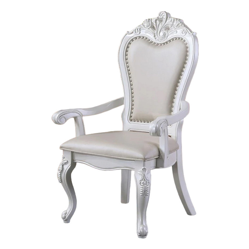 Ensemble de 2 chaises de salle à manger Zenie, cabriole sculpté, similicuir, bois, Blanc
