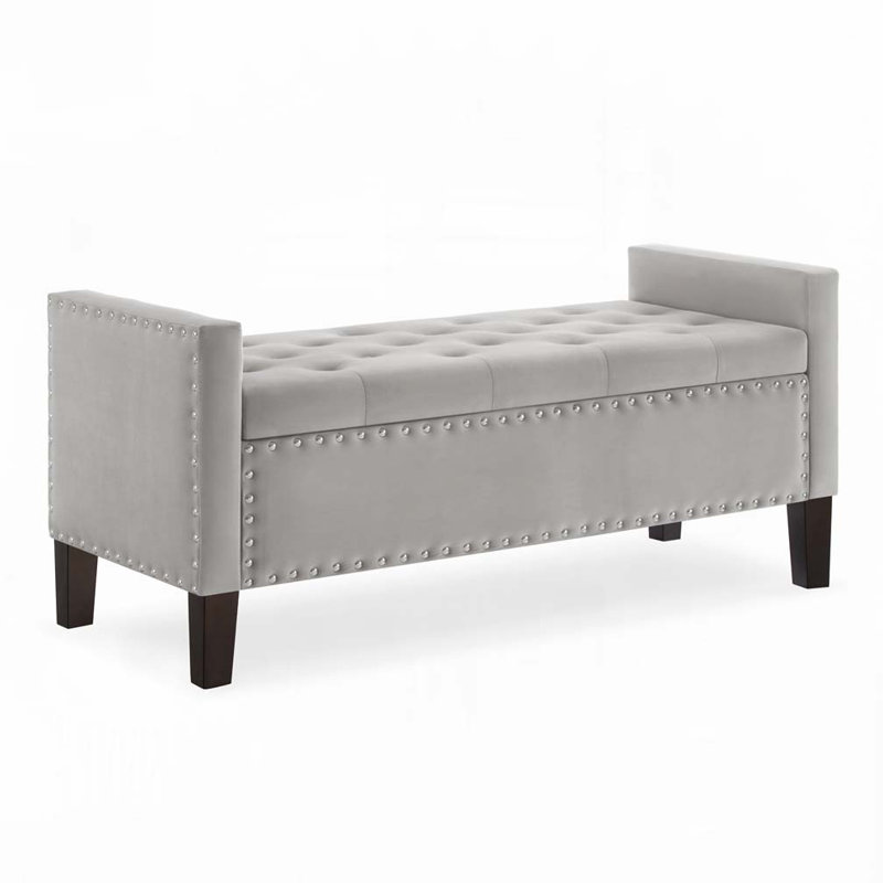 Banc de rangement rembourré capitonné avec accoudoirs, Gris