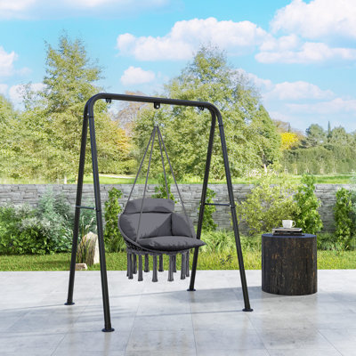 Arlmont & Co. Hammock Swing Chair, Outdoor Hanging Chair with Large Cushion, Cotton Rope Weaving Macrame Swing with Steel Chain for Indoor, Outdoor, Bedroom, Patio,