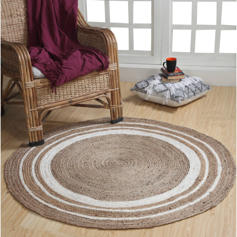 Foster Striped Jute / Sisal Hand Woven Area Rug, Round 60cm