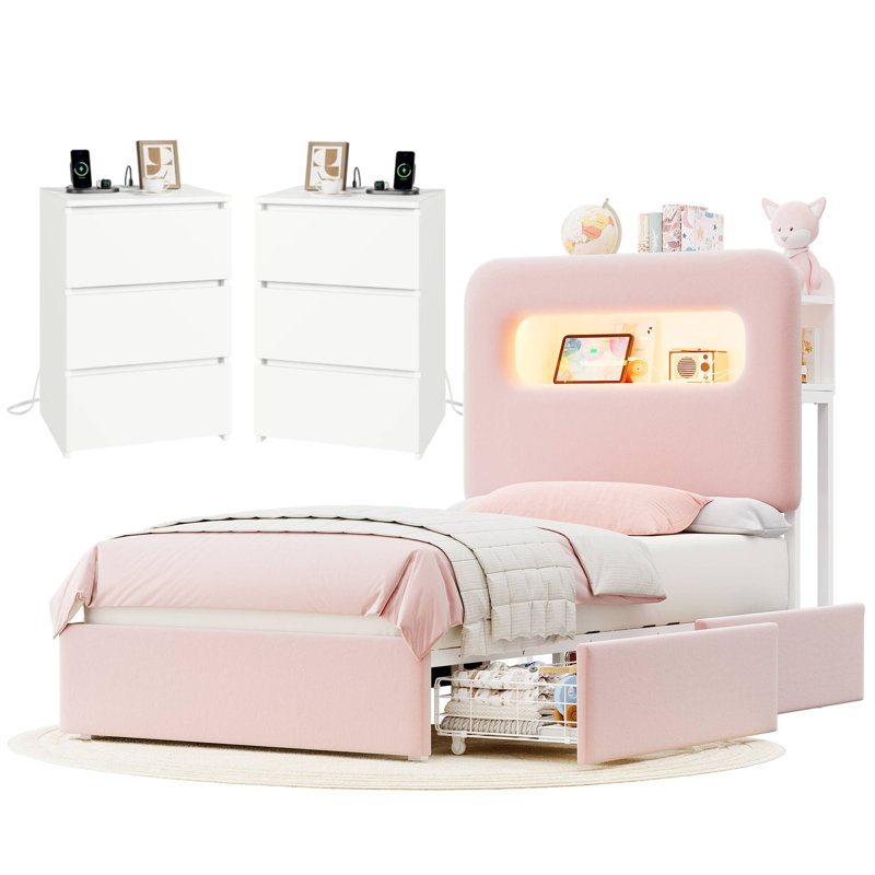 Upholstered 3-Piece Storage Bedroom Set, Pink, Twin