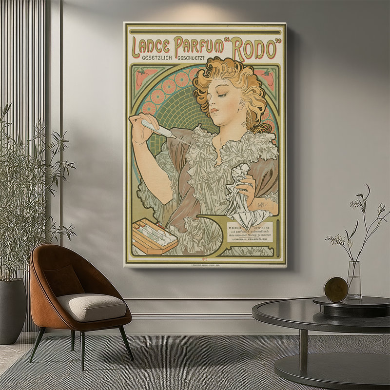 Lance Parfum «Rodo» - Toile tendue avec châssis par Alphonse Mucha, 40 po x 60 po