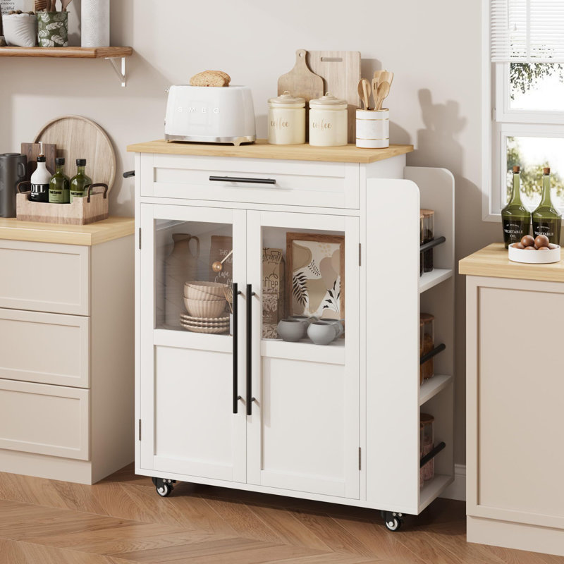 Îlot de cuisine roulant en bois avec tiroir, chariot de cuisine avec armoire de rangement sur roulettes, Blanc/naturel