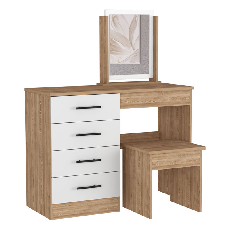 Coiffeuse Kaia avec miroir et 4 tiroirs, tabouret inclus, Pin / blanc