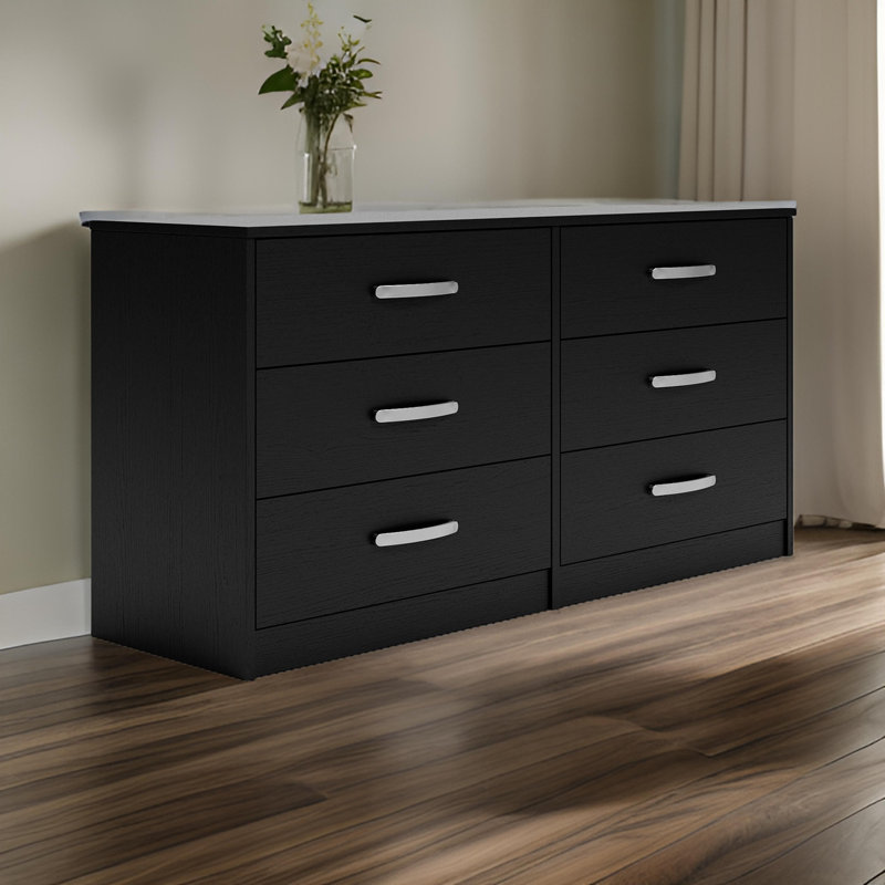 Commode double 6 tiroirs Dymone, Noir, H 28,82 po x l 59,02 po x P 18,74 po