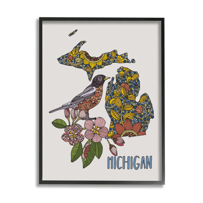 Stupell Industries Detailed Michigan State Robin Bird And Flower Patterns By Valentina Harper - Floater Frame Graphic A In Midnight Black Framed Giclee