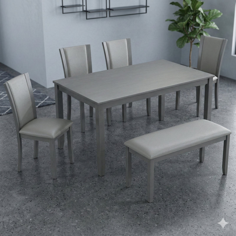 Ensemble de salle à manger en bois 6 pièces avec banc et chaises pour 6, design moderne pour salle à manger ou cuisine, finition grise