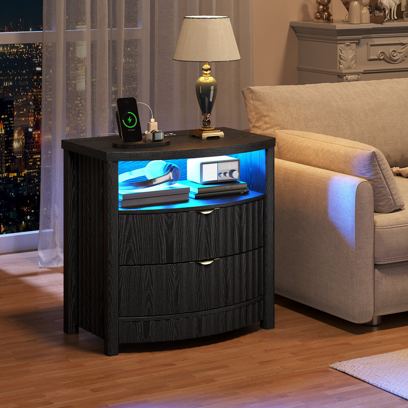 Modern Bedside Tables With Human Sensor Light, Charging Station, Lockable Drawer, Black