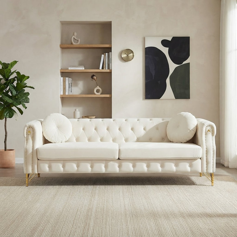 Canapé Chesterfield en velours de 82 pouces avec deux coussins ronds, Beige