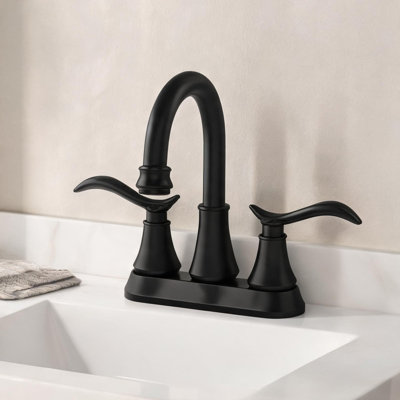 Bathroom Faucet with Matte Black Metal, Swivel Spout and Pop-Up Drain, Two Handle Design