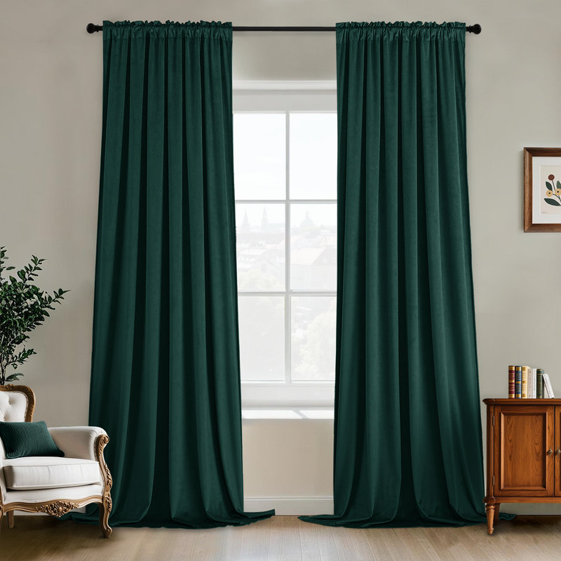 Velvet Room Darkening Curtains - Luxury Rod Pocket Drapes for Bedroom & Living Room 2 Panels, Dark Green, 40" W x 84" H