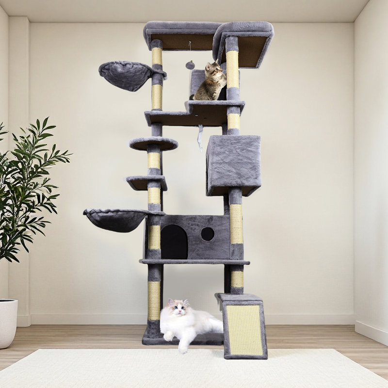 Arbre à chat gris foncé de 84 pouces avec grand, poteau et plateforme, idéal pour jouer avec une tour de détente avec des poteaux, stable et facile à monter