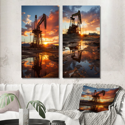 Coucher de soleil sur une plateforme de forage Horizon - ensemble de 2 décorations murales en métal
