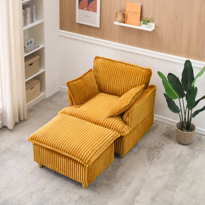 Yellow Corduroy For Living Room, Bedroom, Reading Area - & Pillows Sponge Filled Solid Wood Frame Various Spaces Included + Wood-Based Panel