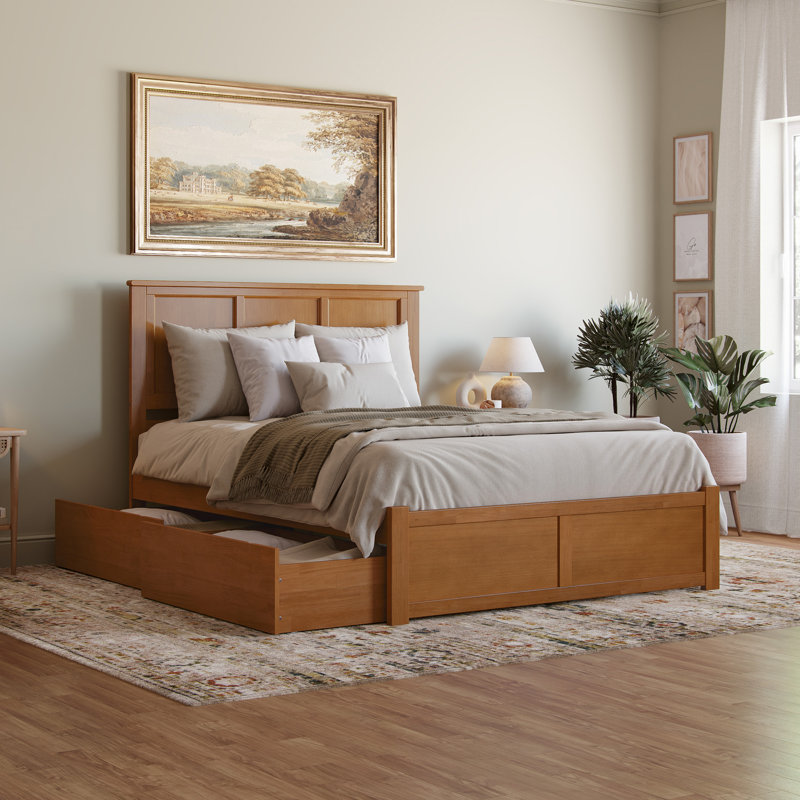 Lit plateforme en bois massif avec pied de lit et tiroirs de rangement Madison, Grand