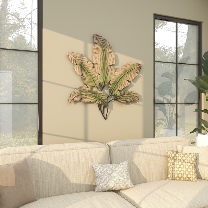 Metal Palm Leaf Brown Wall Decor with Green Accents
