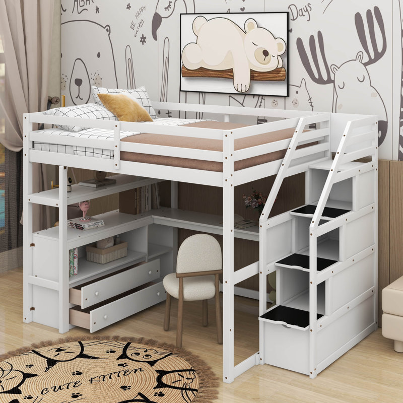 Full Size Loft Bed With Desk And Shelves, White, Full