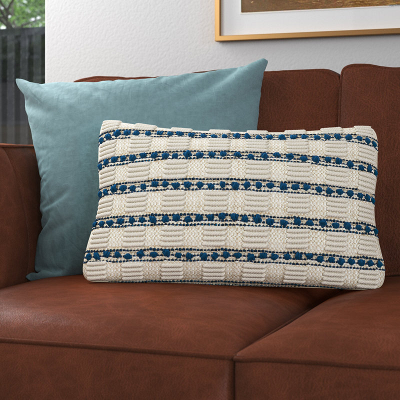 Navy and Ivory Embroidered Rectangular Throw Pillow 12" x 20"
