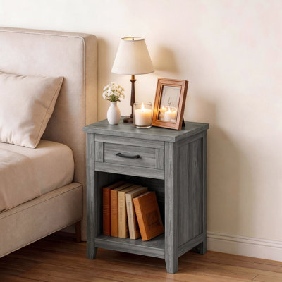 Set Of 2 Farmhouse Nightstands With Charging Station, Oak Grey End Tables With Power Outlets And USB Ports