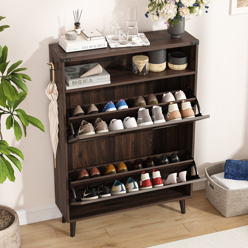 Shoe Storage Cabinet, Dark Brown Wood