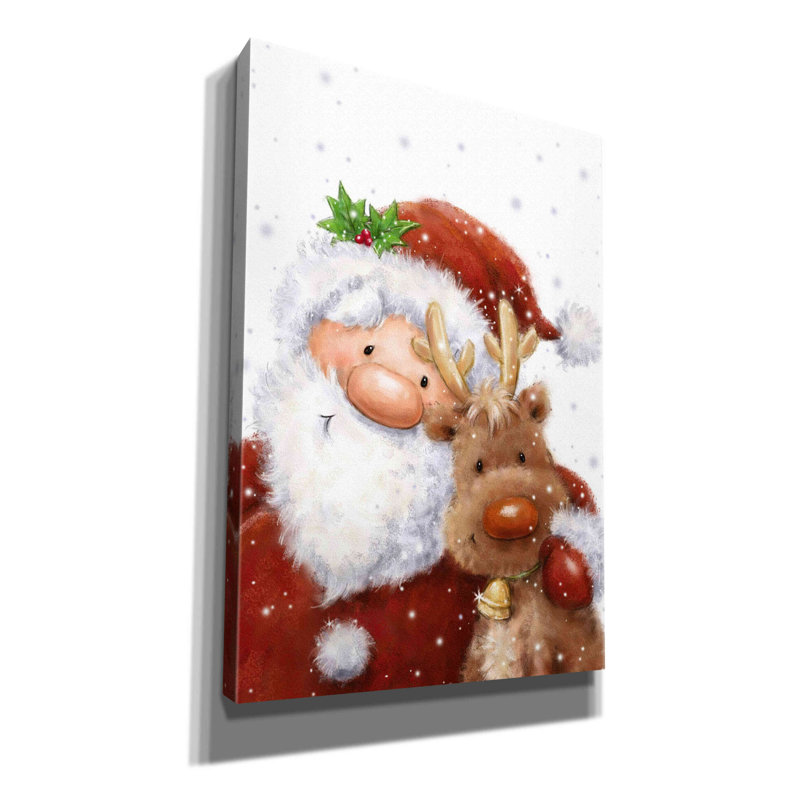 «Santa and Reindeer 4» par Makiko, art mural sur toile, H 26 po x l 18 po x P 0,75 po