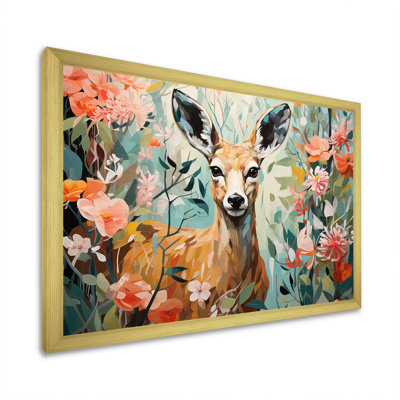 Pink And Green Deer Blooms - Deer Animal Wall Art