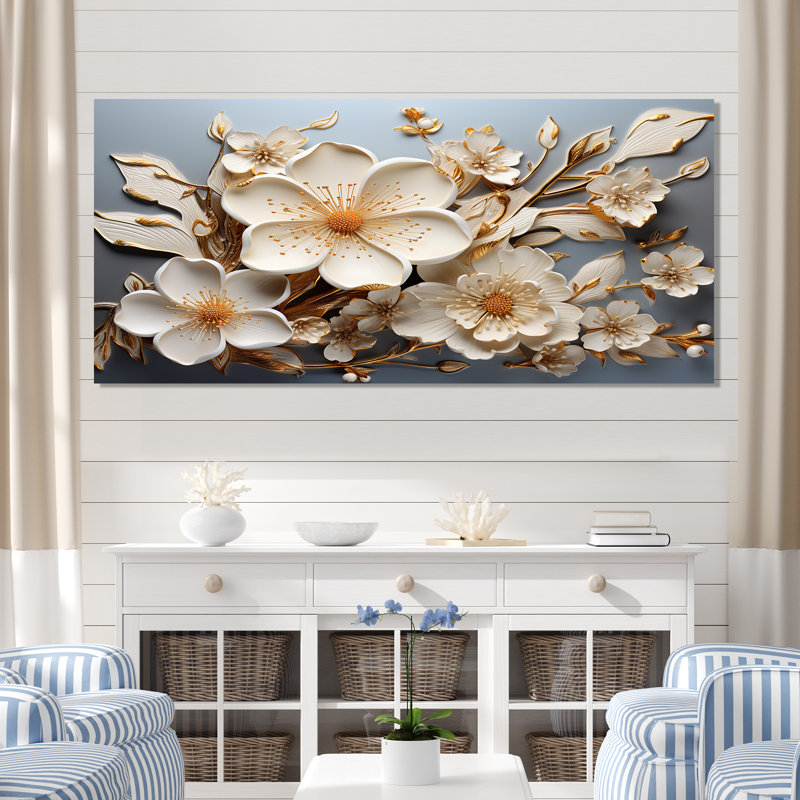 Orchidée blanche jardin de branches 11 - Art mural floral abstrait, Cadre flottant blanc, H 16 po x l 32 po x P 1 po