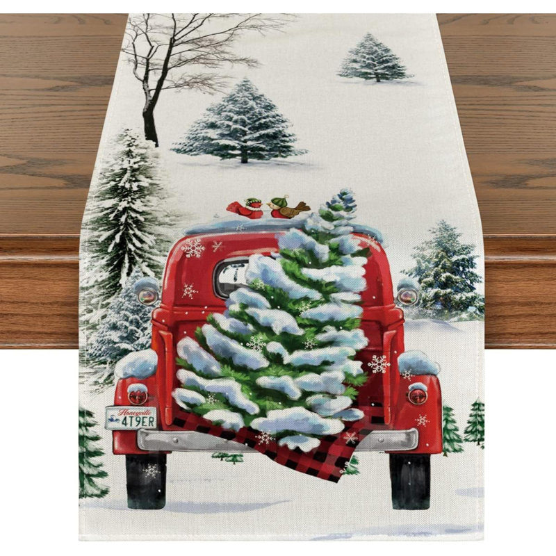 Chemin de table Waterclor Snow Tree Truck, 13 po x 36 po
