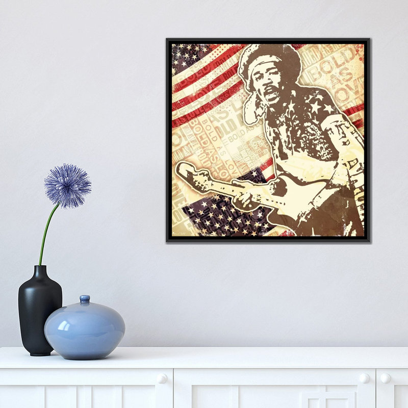 «Jimi Hendrix USA Bold as Love», reproduction d'impression, H 18 po x l 18 po x 1,5 po, Aucun mat, Toile avec cadre noir